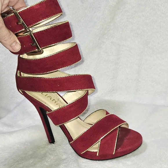 Liliana Red/Gold 4" Stiletto HEELS Crisscross Strappy Sexy GIRLS' NIGHT 👠 FAB - Picture 13 of 15
